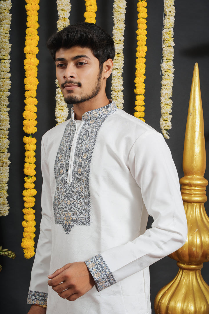 White Monogram Blue Floral Neck Jacquard Designer Kurta