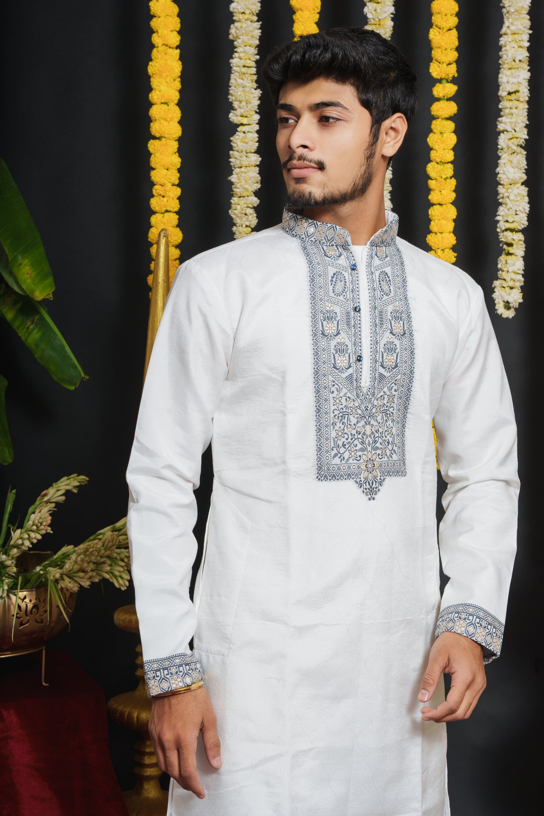 White Monogram Blue Floral Neck Jacquard Designer Kurta