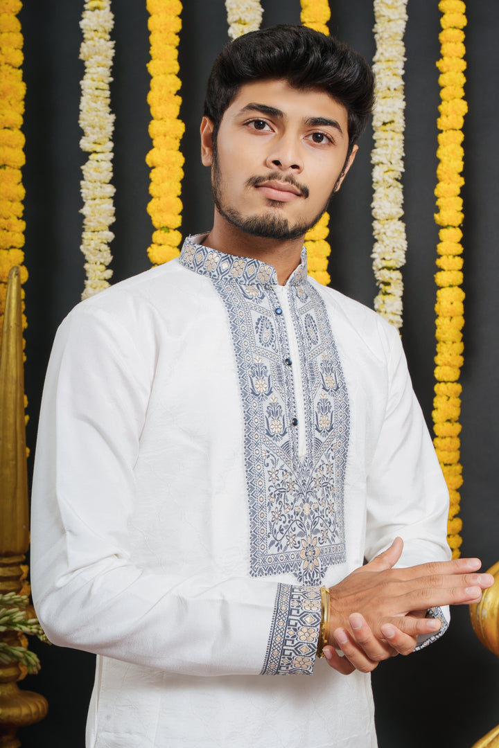 White Monogram Blue Floral Neck Jacquard Designer Kurta