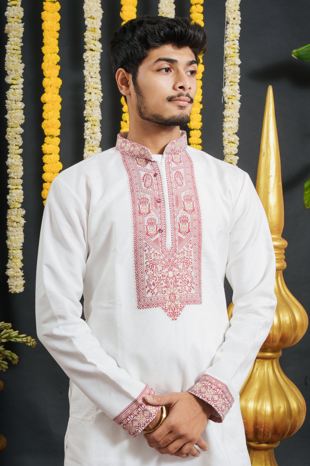 White Monogram Red Floral Neck Jacquard Designer Kurta