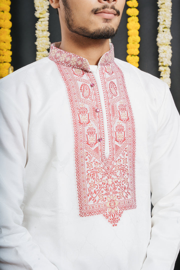 White Monogram Red Floral Neck Jacquard Designer Kurta