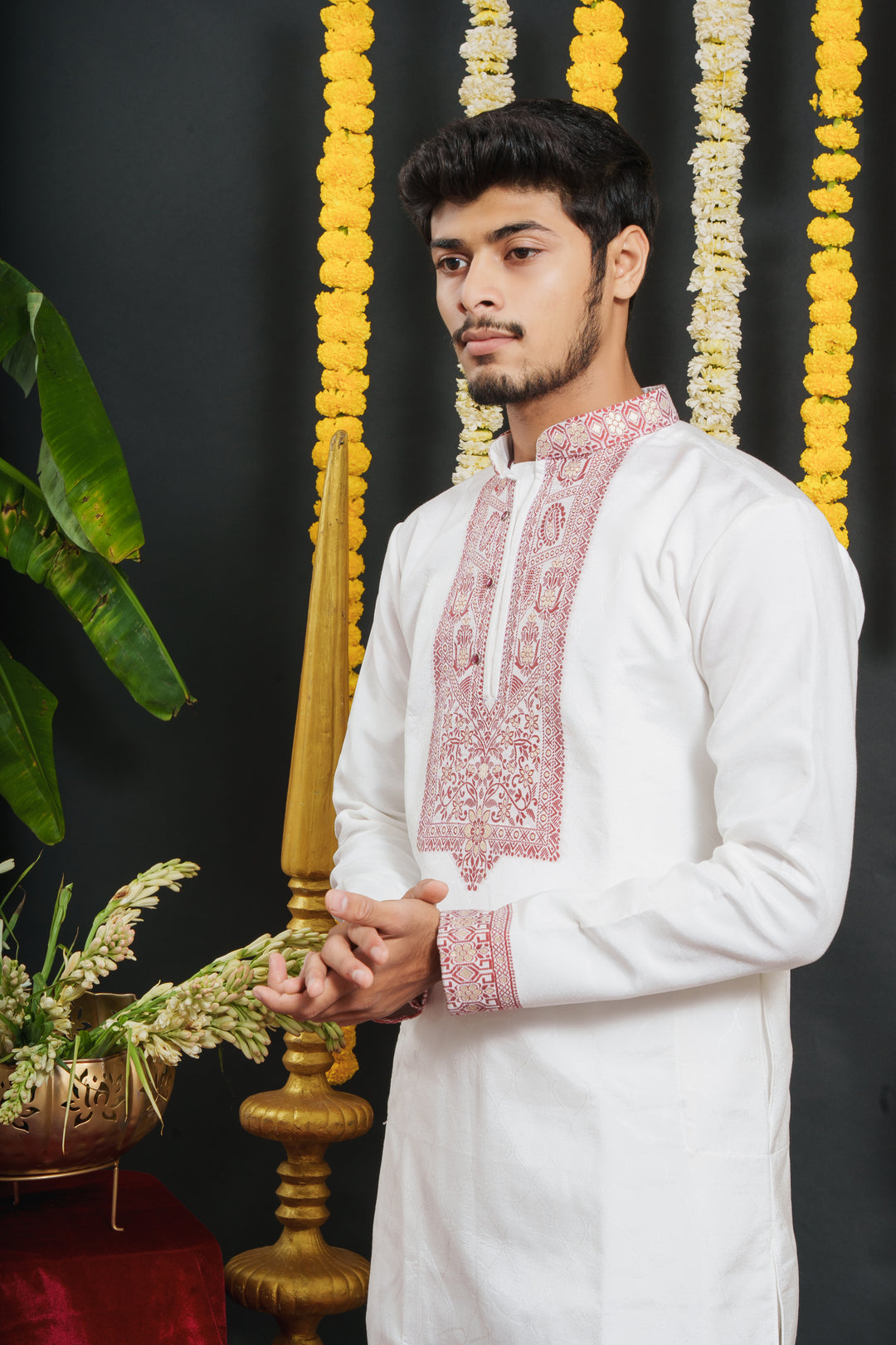 White Monogram Red Floral Neck Jacquard Designer Kurta