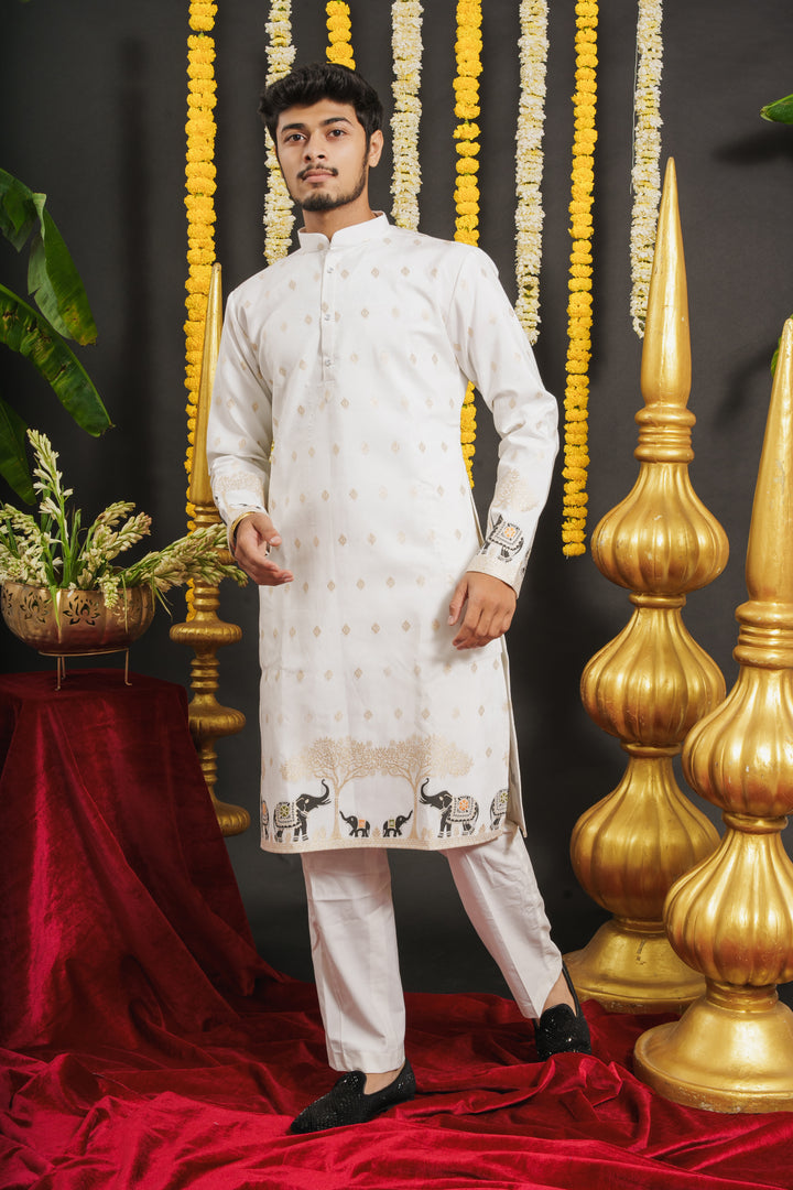 WHITE ELEPHANT PATTERN JACQUARD DESIGNER KURTA