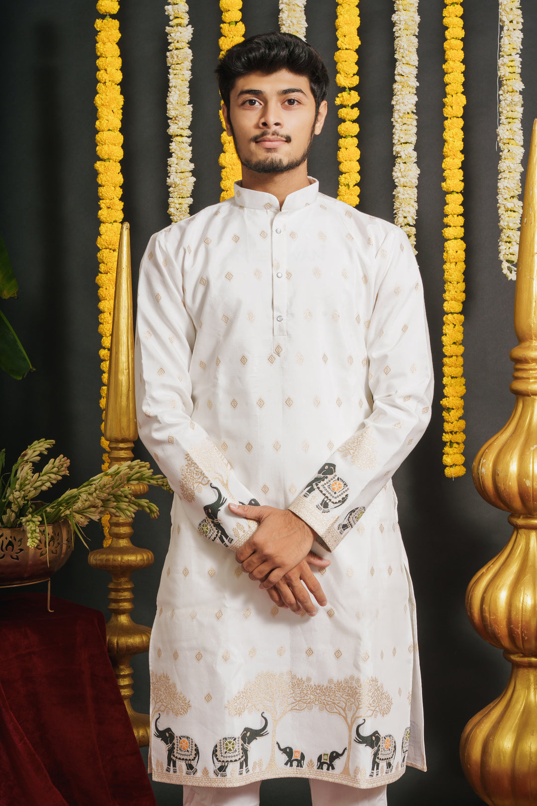 WHITE ELEPHANT PATTERN JACQUARD DESIGNER KURTA