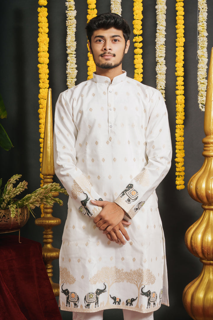 WHITE RAJWADI PATTERN JACQUARD DESIGNER KURTA