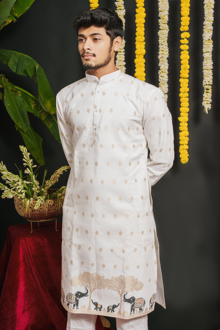 WHITE ELEPHANT PATTERN JACQUARD DESIGNER KURTA