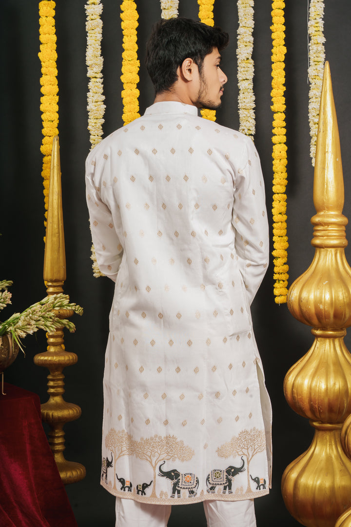 WHITE ELEPHANT PATTERN JACQUARD DESIGNER KURTA