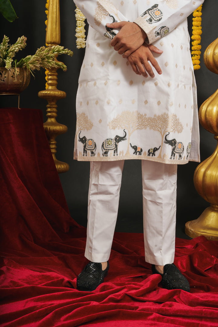 WHITE ELEPHANT PATTERN JACQUARD DESIGNER KURTA