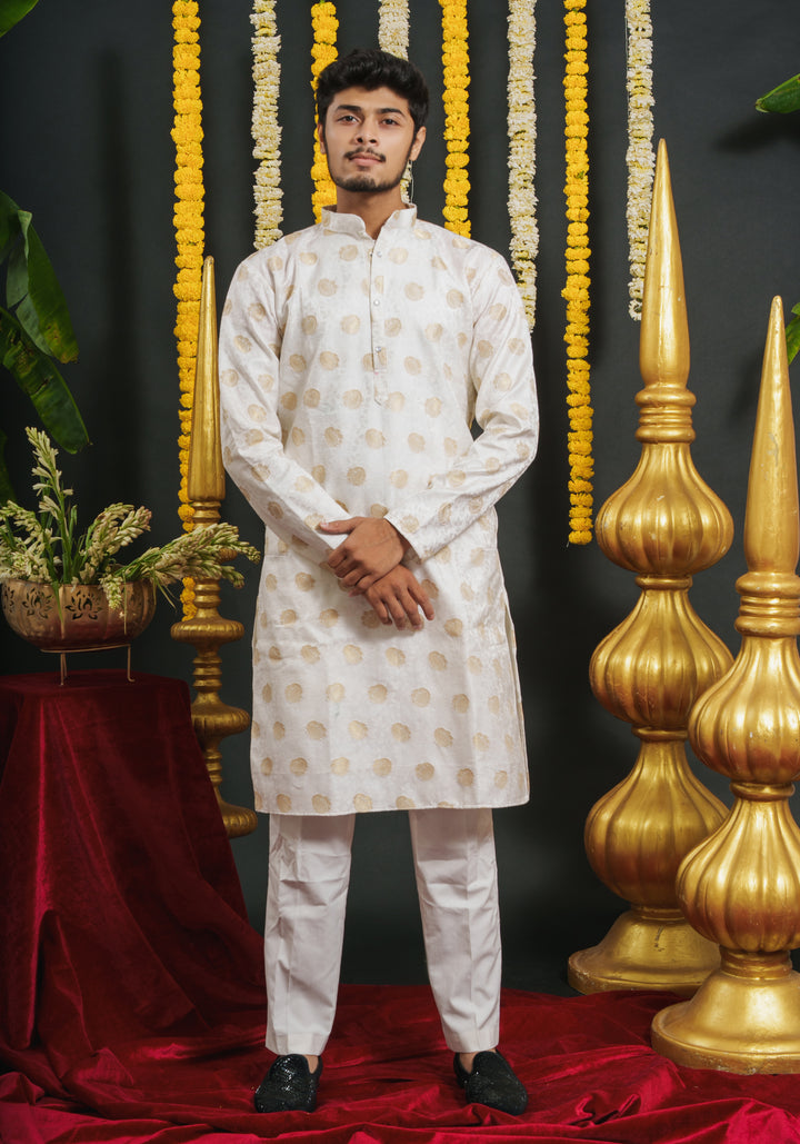 WHITE GOLDEN KERI SELECTED JACQUARD DESIGNER KURTA