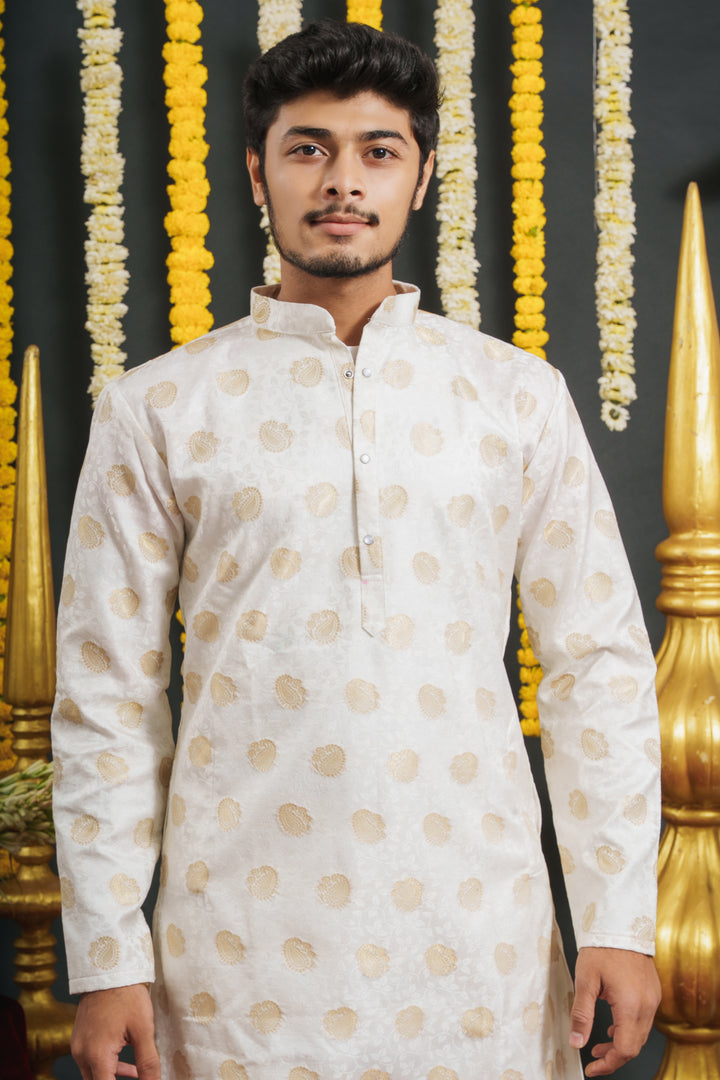 WHITE GOLDEN KERI SELECTED JACQUARD DESIGNER KURTA