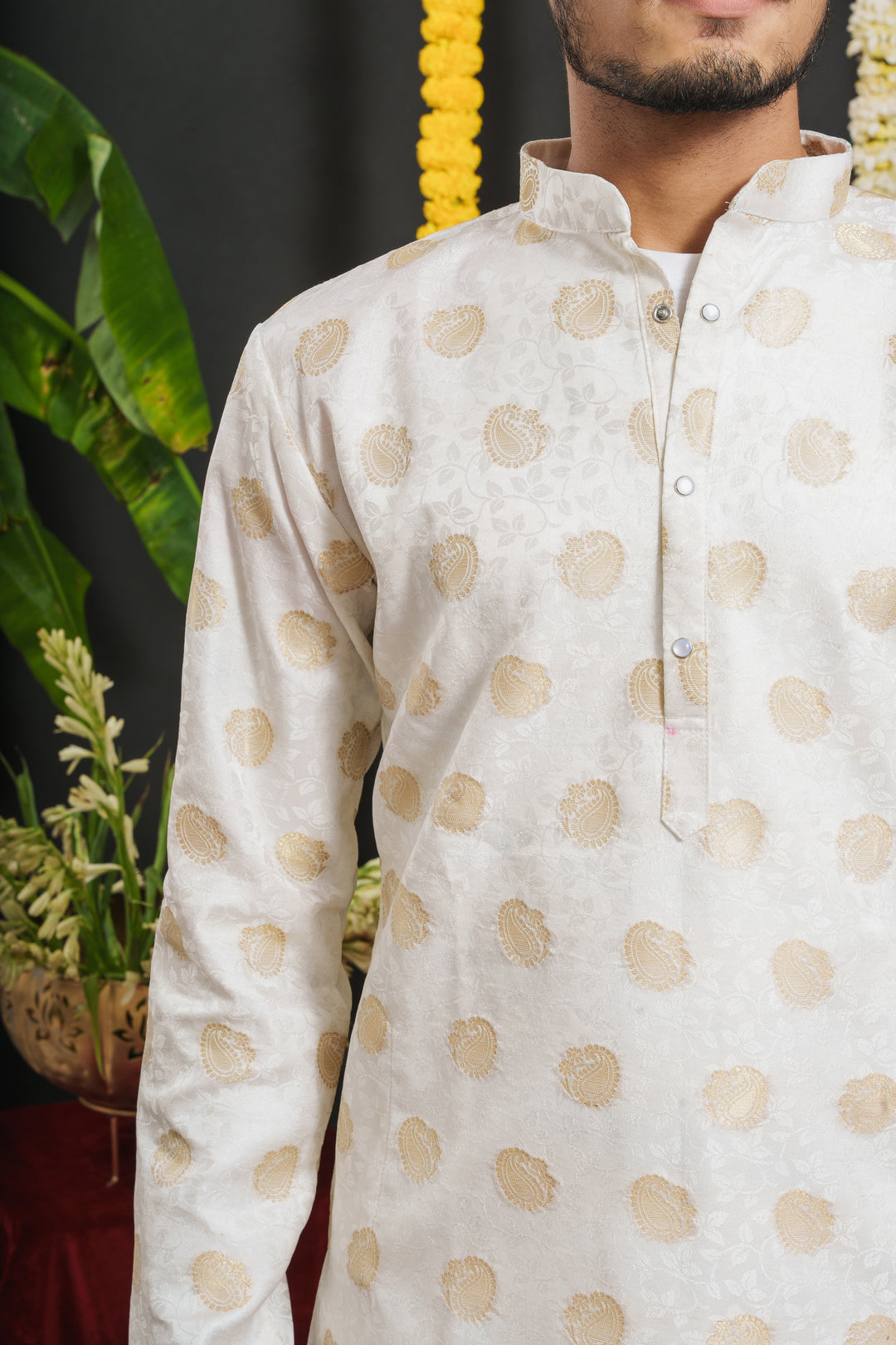 WHITE GOLDEN KERI SELECTED JACQUARD DESIGNER KURTA