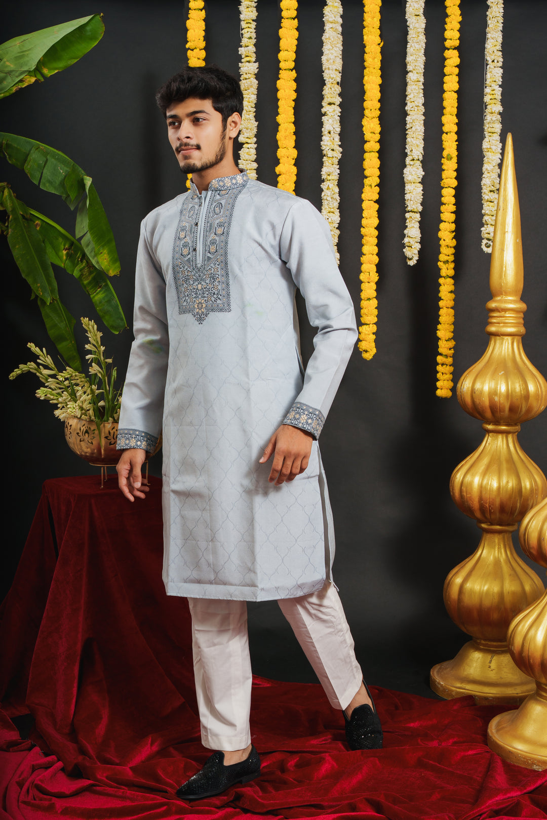 Sky Blue Monogram Blue Floral Neck Jacquard Designer Kurta