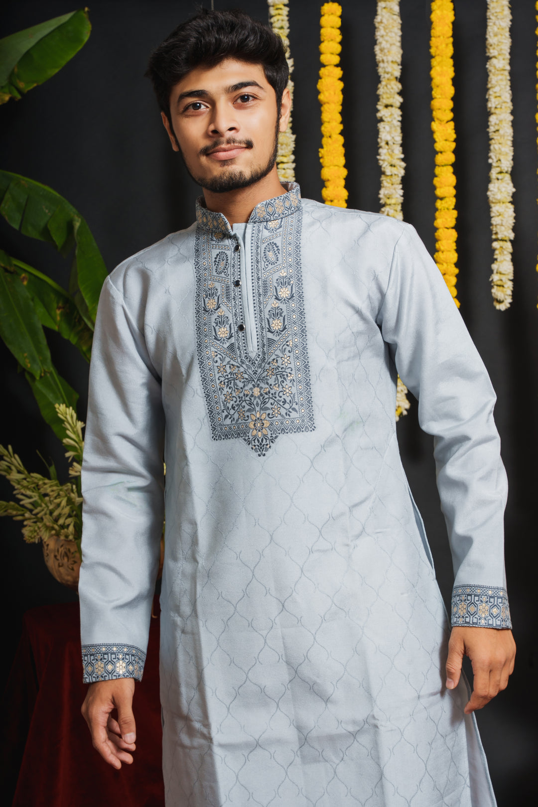 Sky Blue Monogram Blue Floral Neck Jacquard Designer Kurta