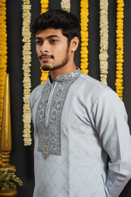 Sky Blue Monogram Blue Floral Neck Jacquard Designer Kurta