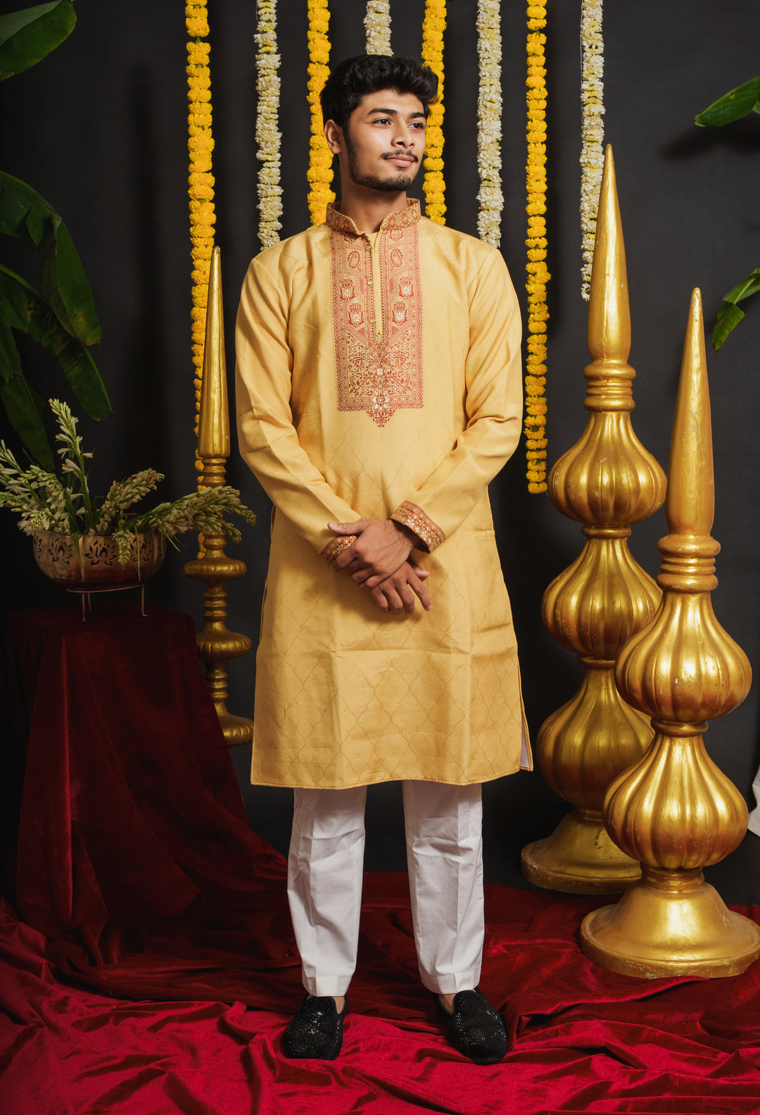 Yellow Monogram Red Floral Neck Jacquard Designer Kurta