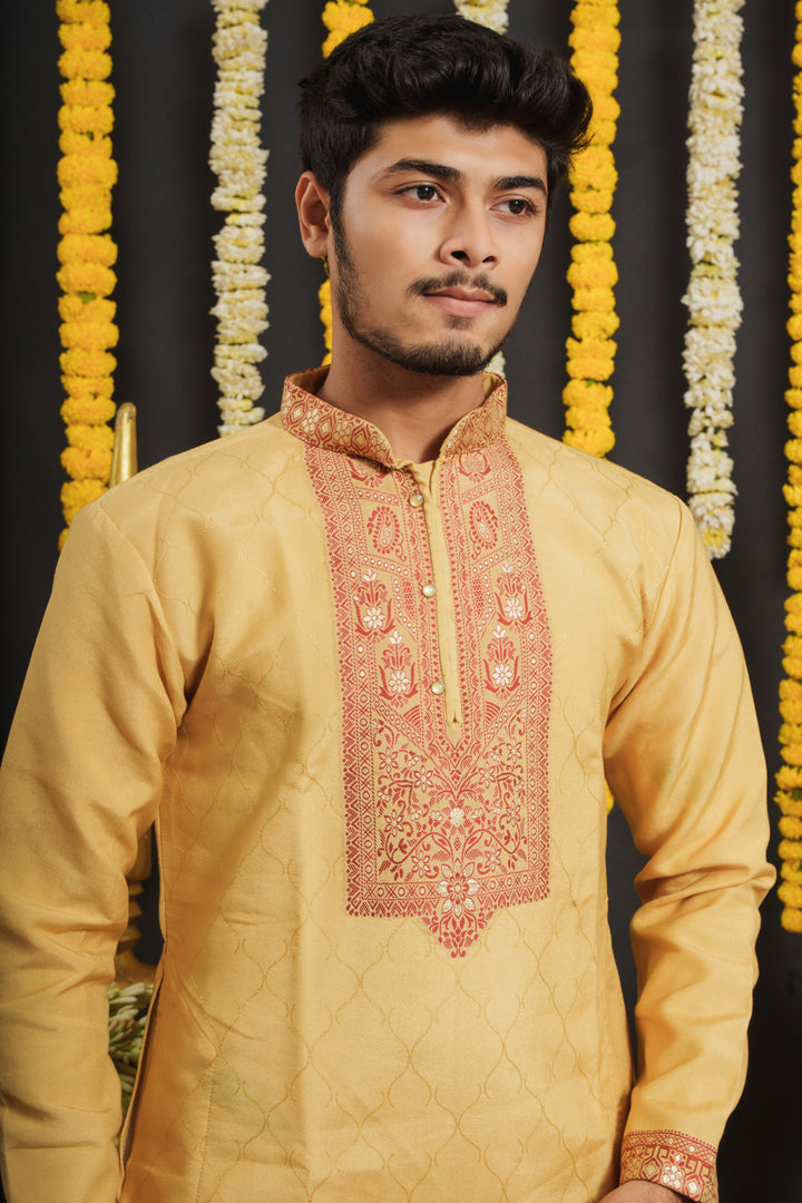 Yellow Monogram Red Floral Neck Jacquard Designer Kurta