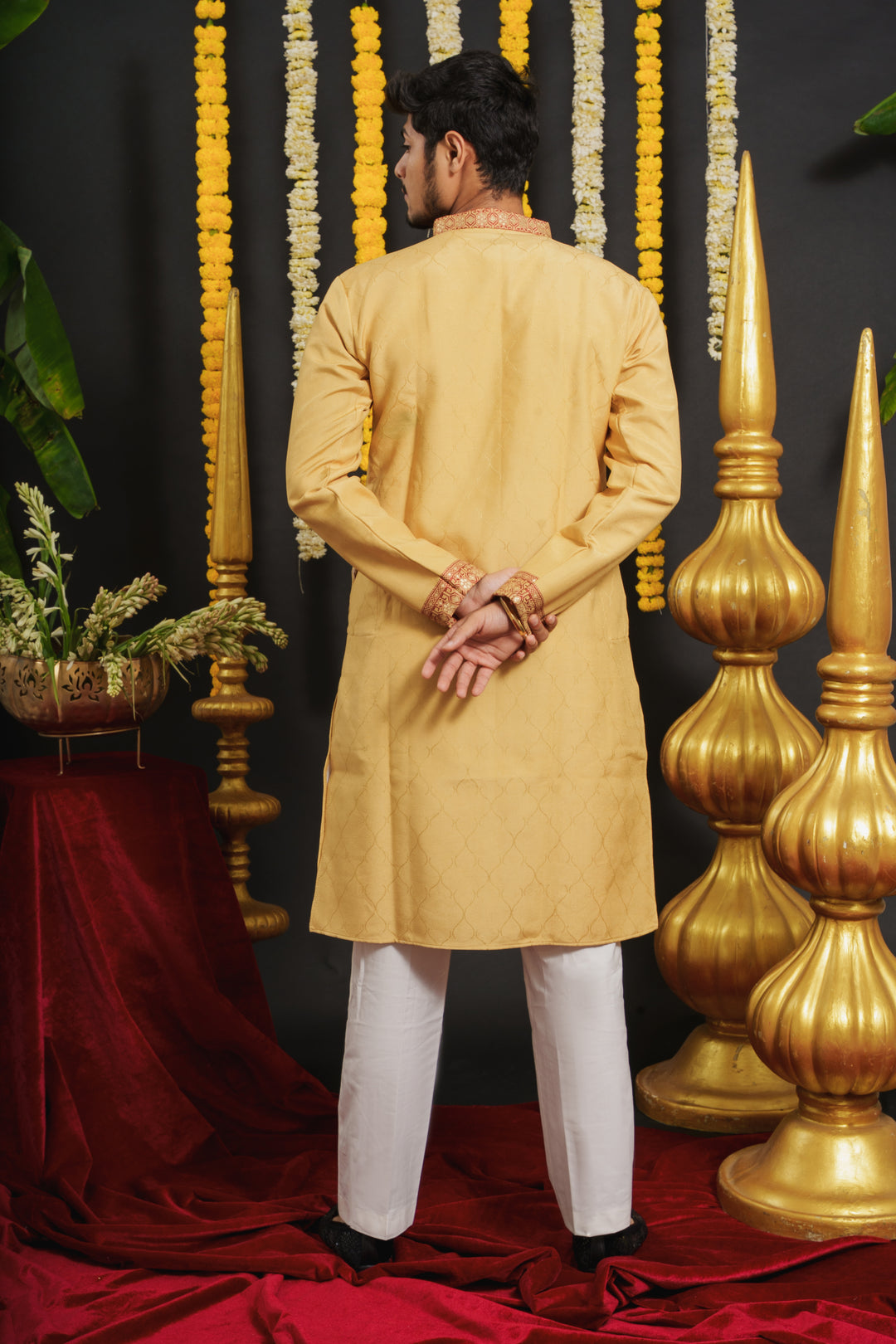 Yellow Monogram Red Floral Neck Jacquard Designer Kurta