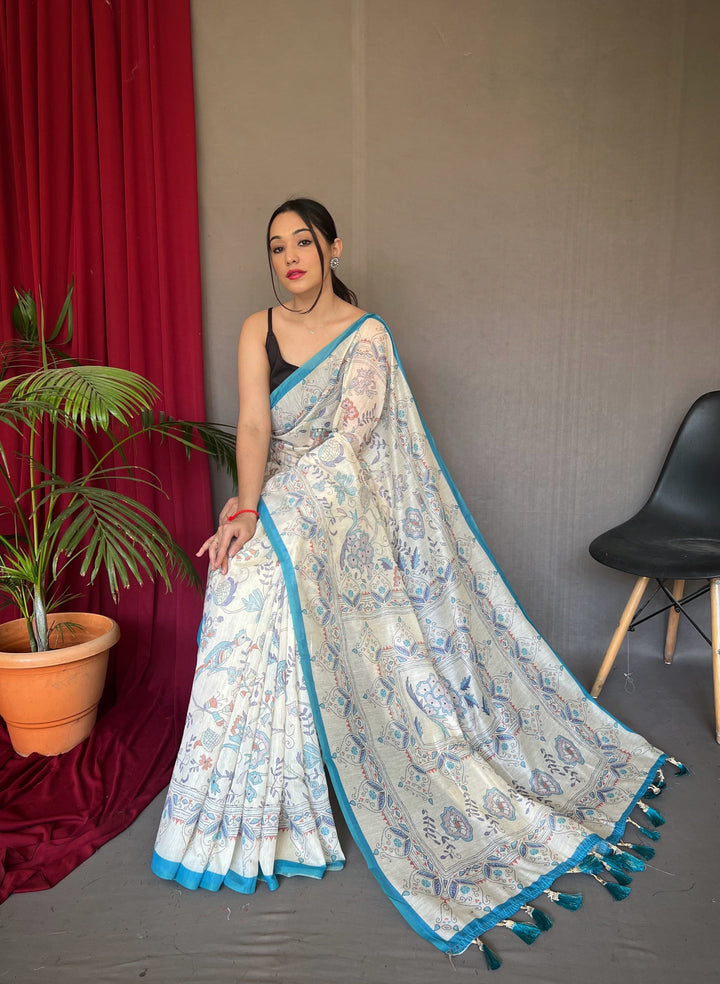 1 Min Ready to Wear Blue Cotton Katha Printed Saree
