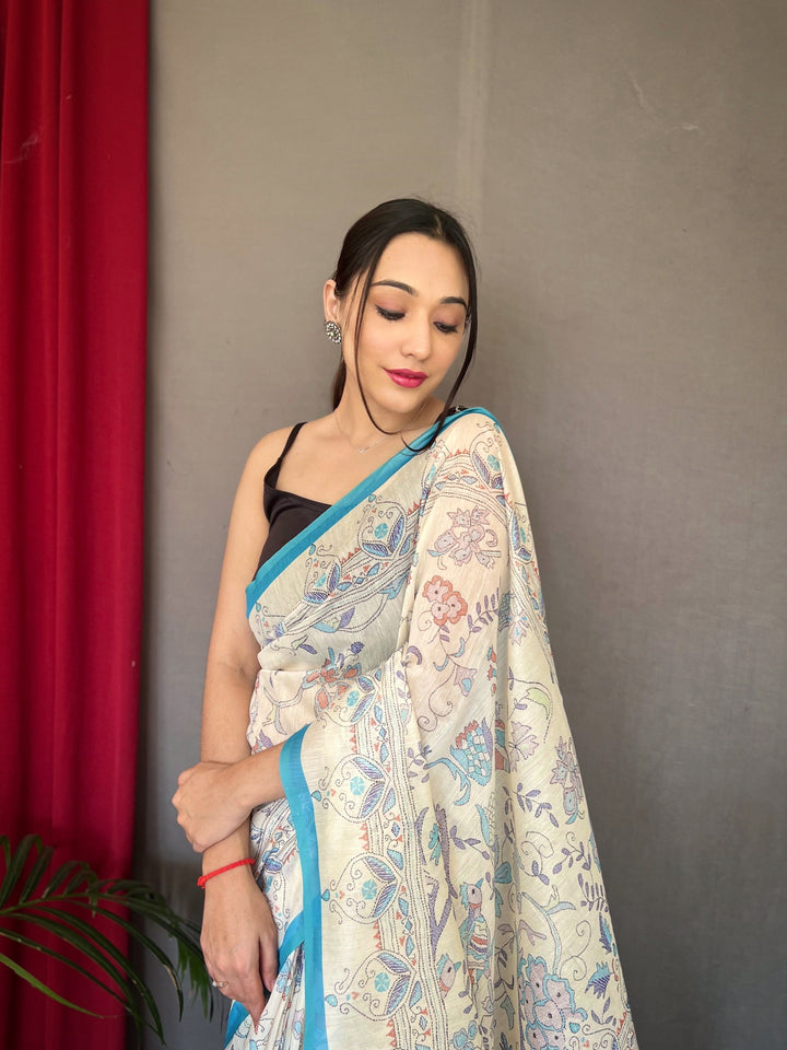 1 Min Ready to Wear Blue Cotton Katha Printed Saree