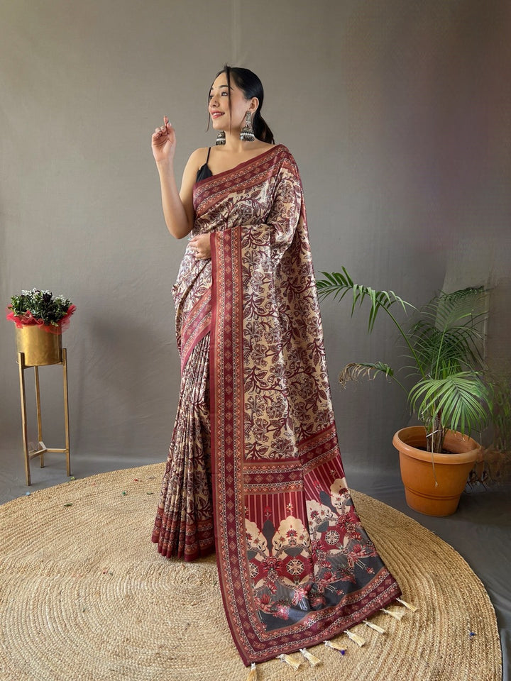 Cream & Maroon Kalamkari printed Saree