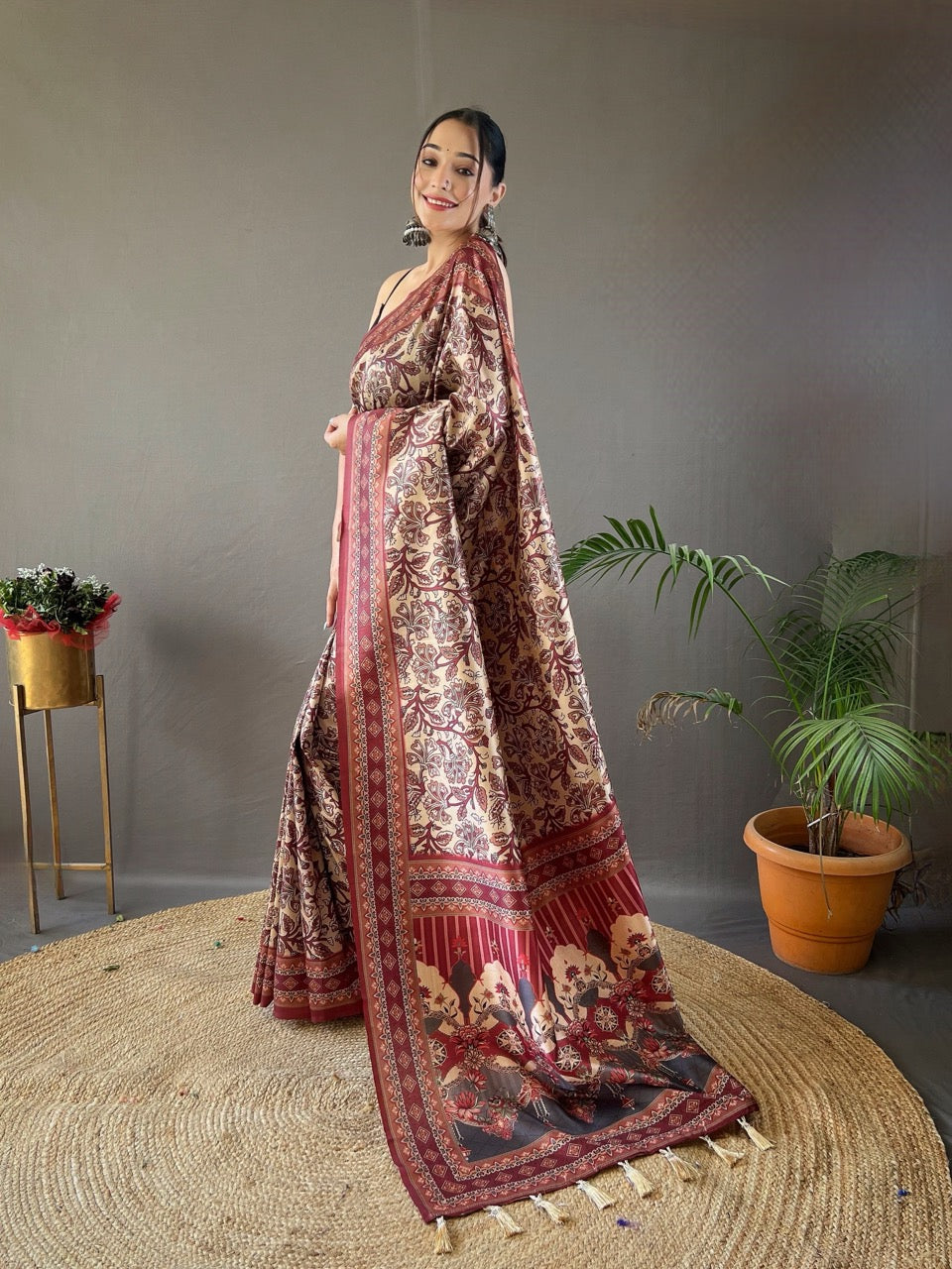 Krishna Cream Ajrakh printed saree