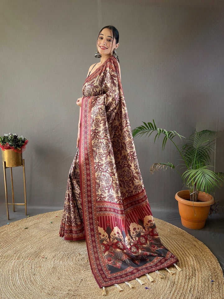 Cream & Maroon Kalamkari printed Saree