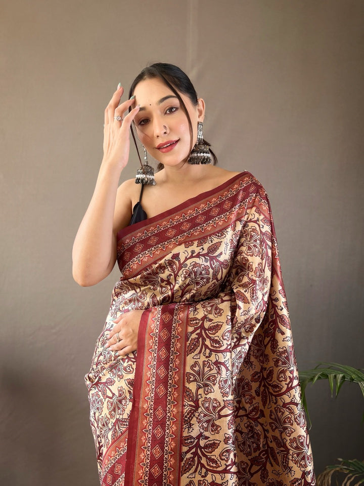 Cream & Maroon Kalamkari printed Saree