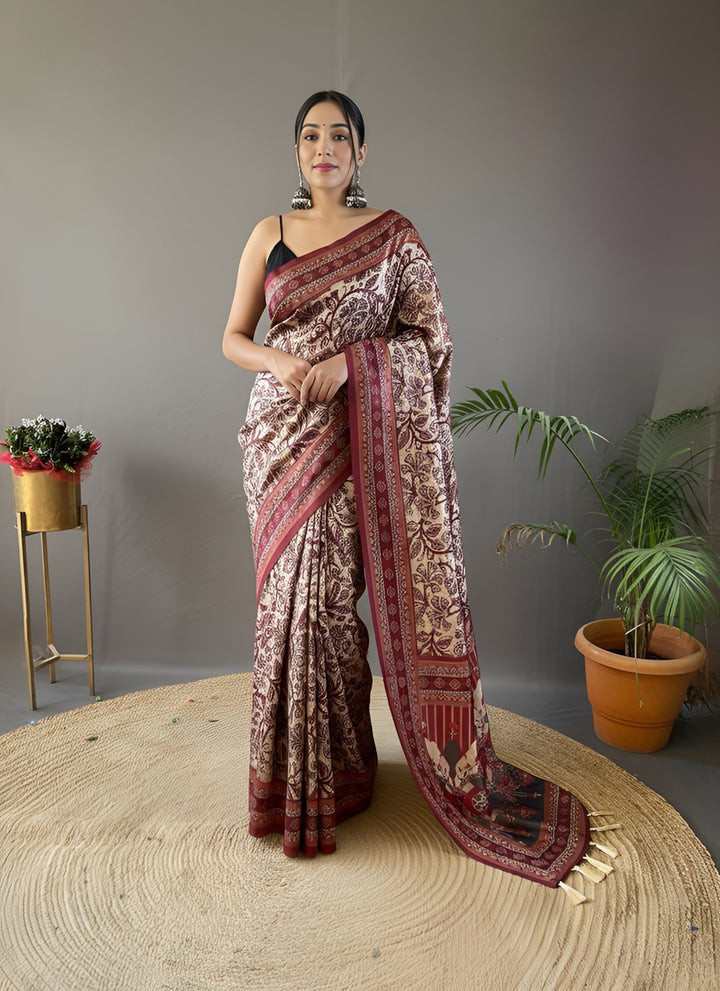 Cream & Maroon Kalamkari printed Saree