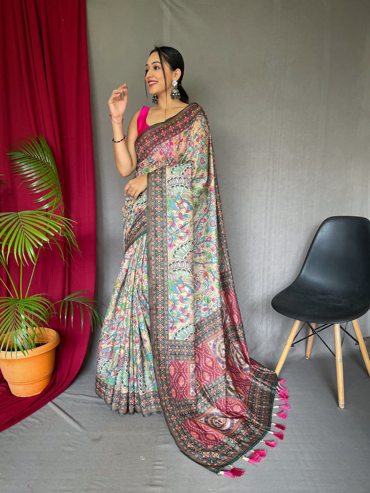 1 Min Ready to Wear Cotton Bandhani Kalamkari Printed Saree Cream