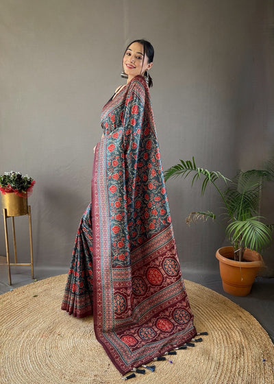 Denim Blue & Maroon Kalamkari printed saree