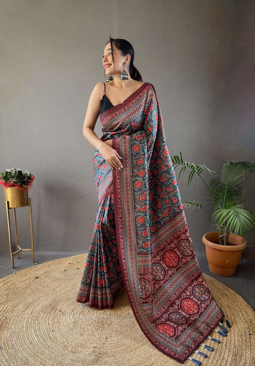 Denim Blue & Maroon Kalamkari printed saree