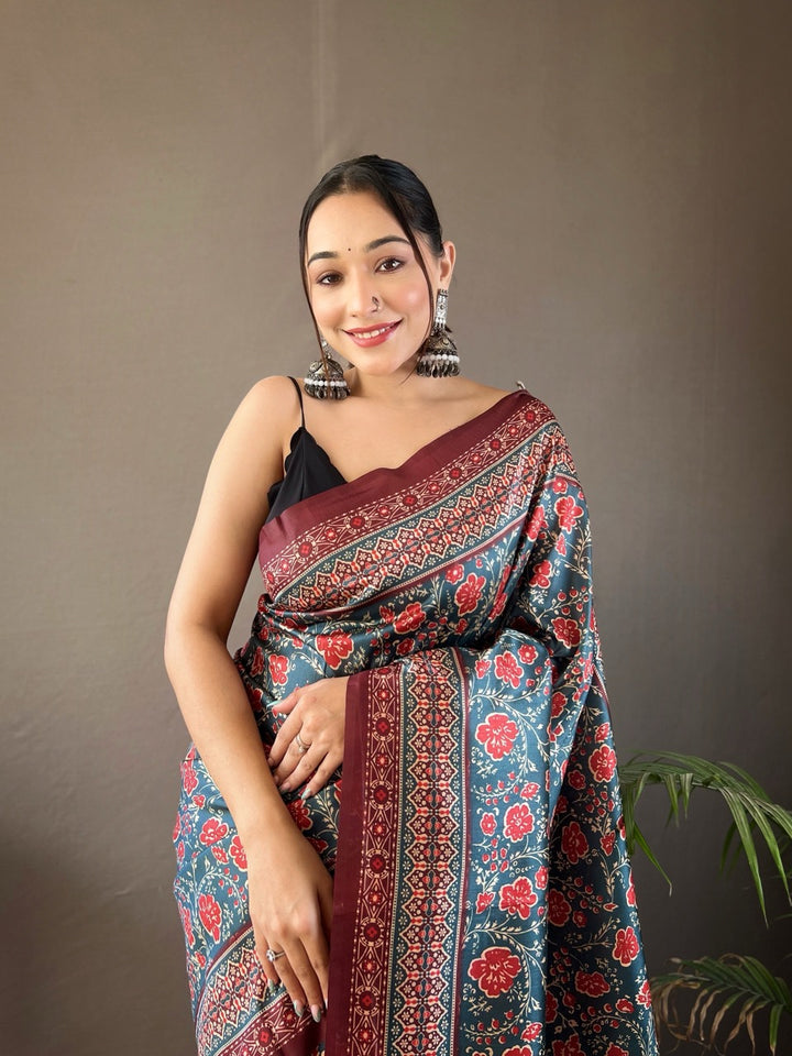 Denim Blue & Maroon Kalamkari printed saree