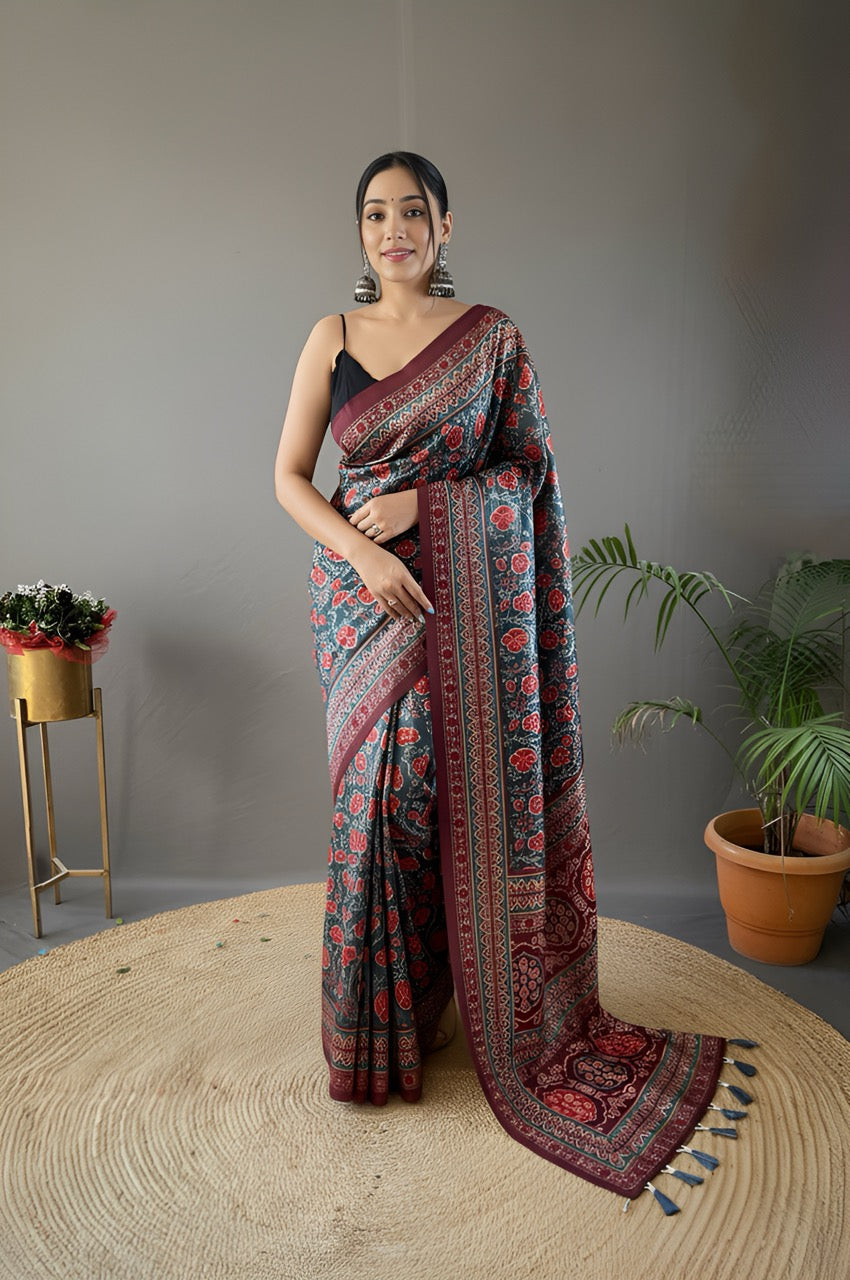 Denim Blue & Maroon Kalamkari printed saree