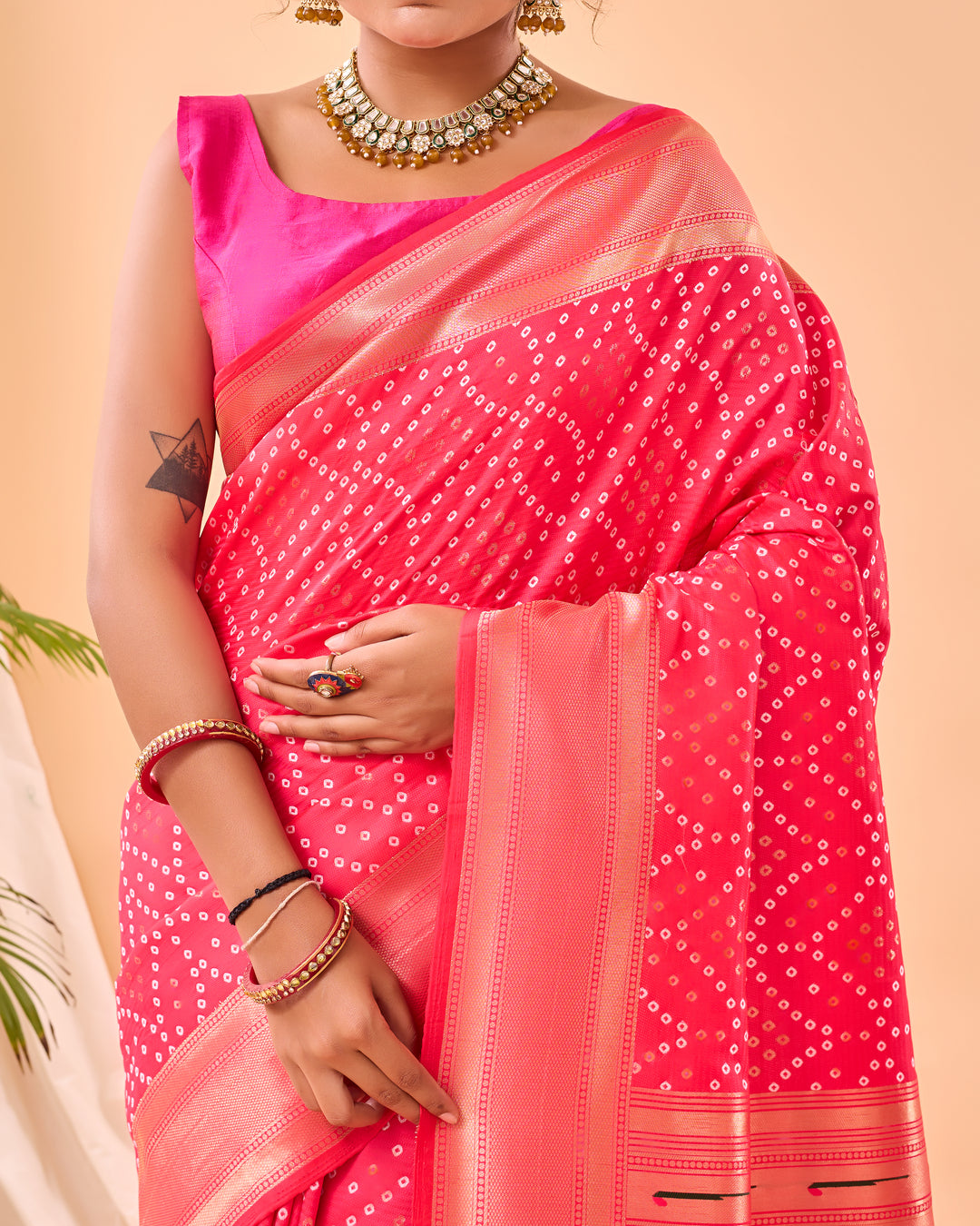 Rani Pink Woven printed saree