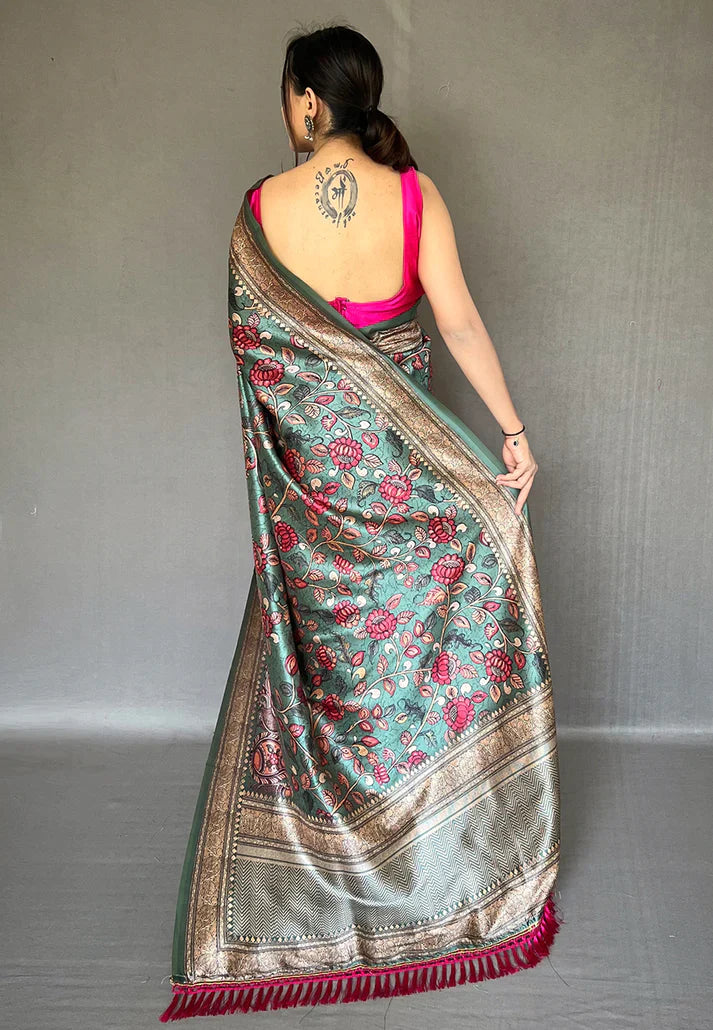 1 MIN Ready To Wear Teal Blue Diva Soft Silk Kalamkari Printed Saree