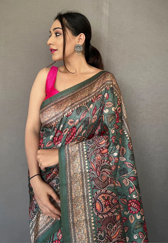 1 MIN Ready To Wear Teal Blue Diva Soft Silk Kalamkari Printed Saree