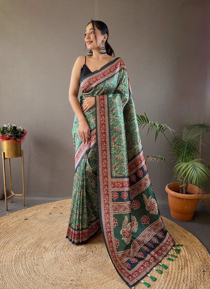 Forest Green & Maroon Kalamkari printed saree