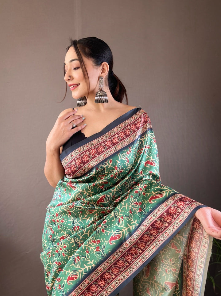 Forest Green & Maroon Kalamkari printed saree