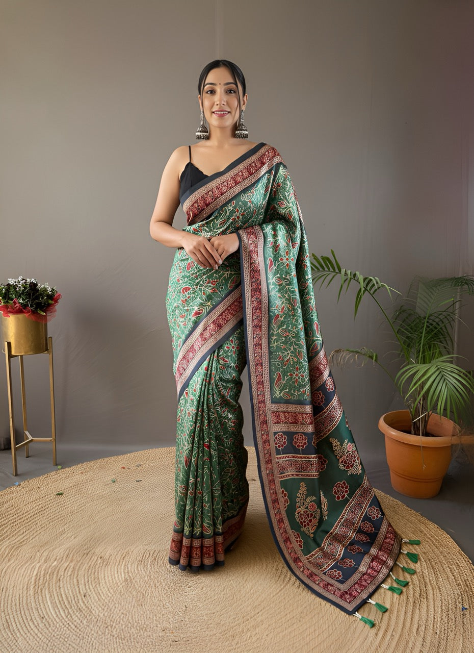Forest Green & Maroon Kalamkari printed saree