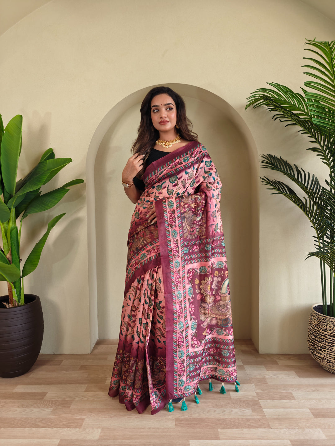 Pure malai Cotton Pink Kalamkari pattern Saree - Priyanka