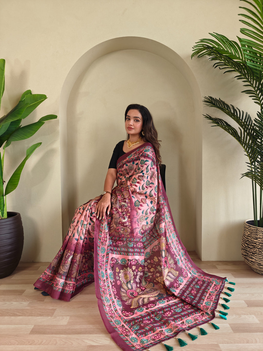 Pure malai Cotton Pink Kalamkari pattern Saree - Priyanka