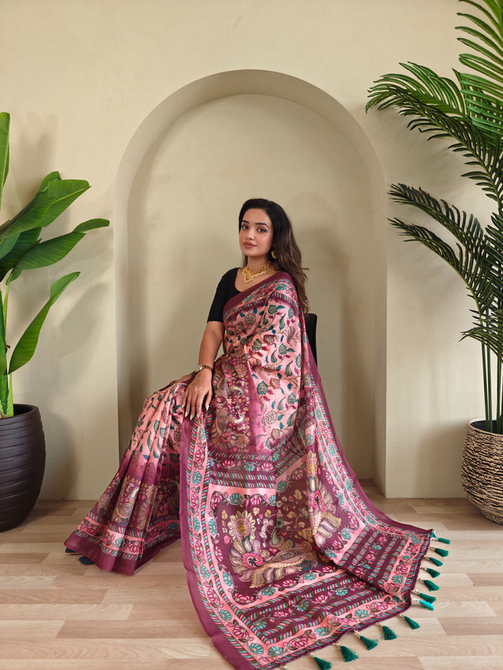 Pure malai Cotton Pink Kalamkari pattern Saree - Priyanka