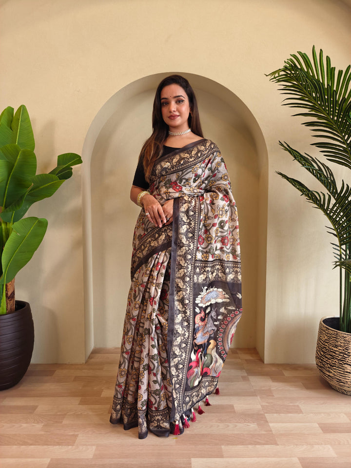 Grey Chanderi Cotton Kalamkari Printed Saree - Madhu