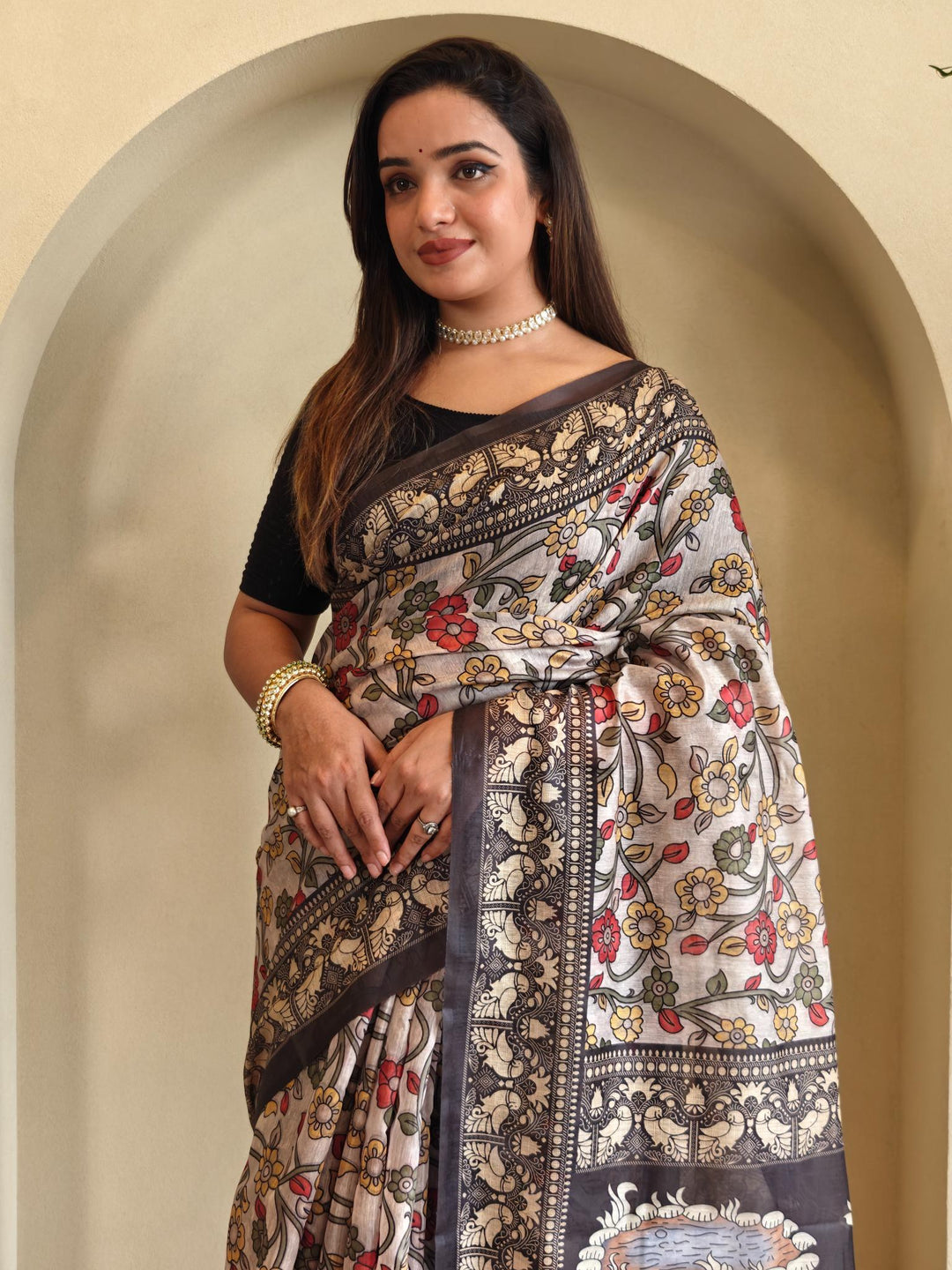Grey Chanderi Cotton Kalamkari Printed Saree - Madhu