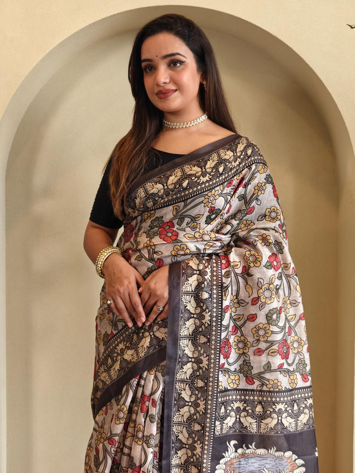 Grey Chanderi Cotton Kalamkari Printed Saree - Madhu