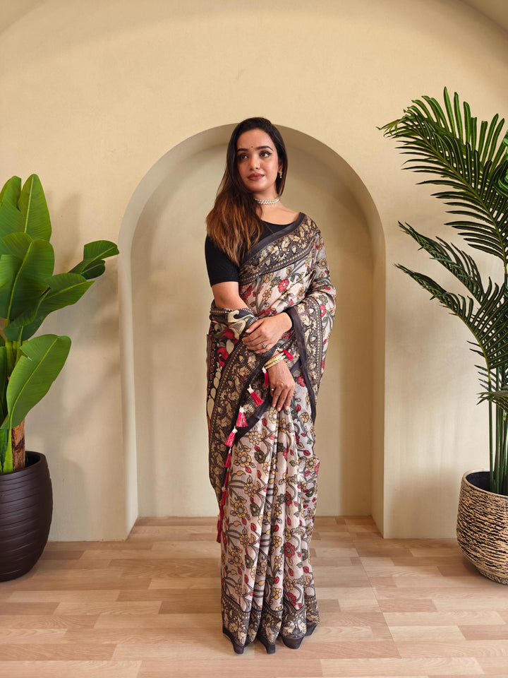 Grey Chanderi Cotton Kalamkari Printed Saree - Madhu