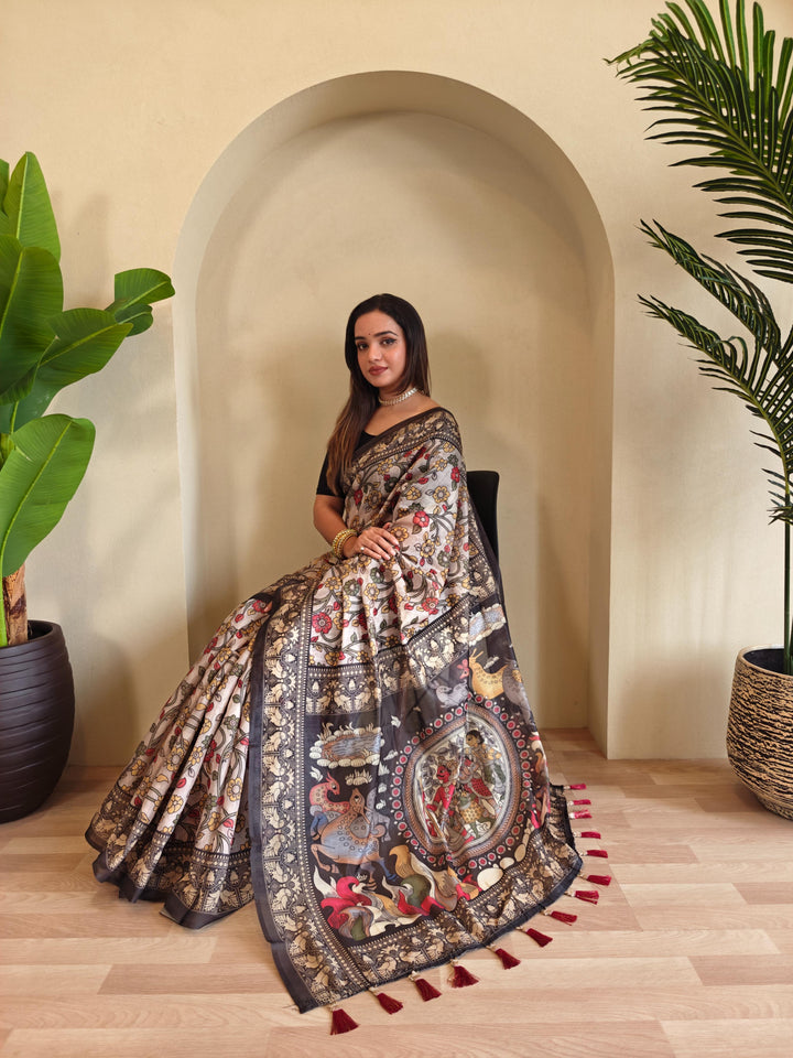 Grey Chanderi Cotton Kalamkari Printed Saree - Madhu