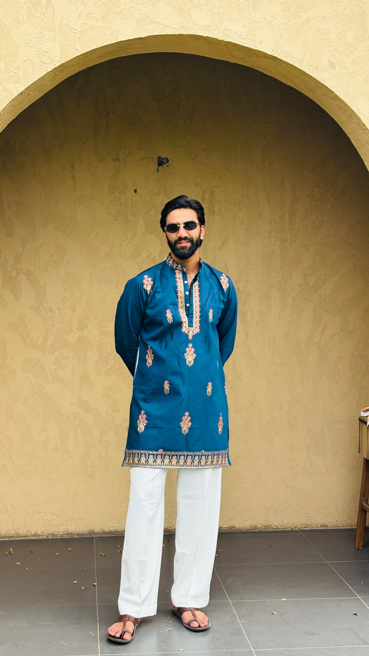 SUFI BLUE SHORT EMBROIDERED KURTA