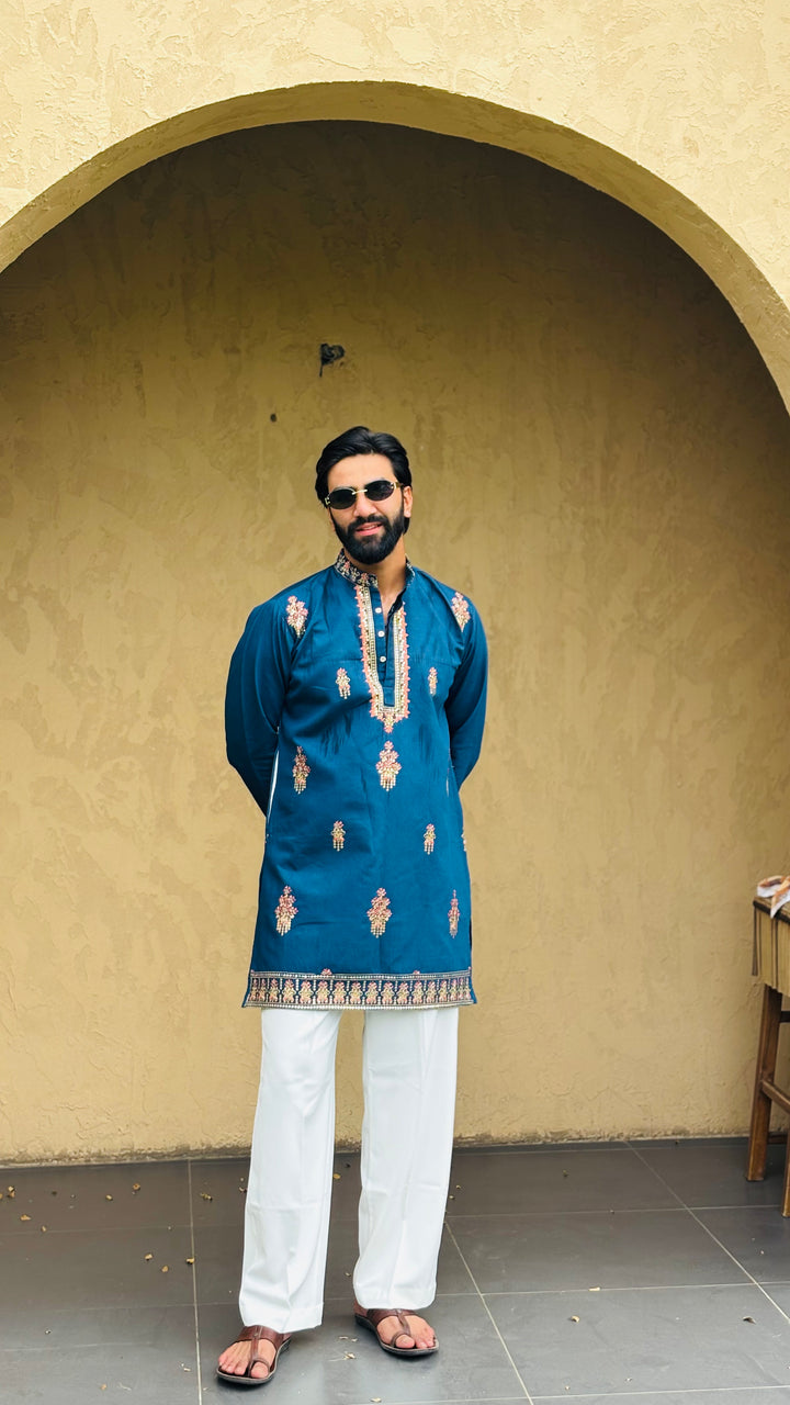 SUFI BLUE SHORT EMBROIDERED KURTA
