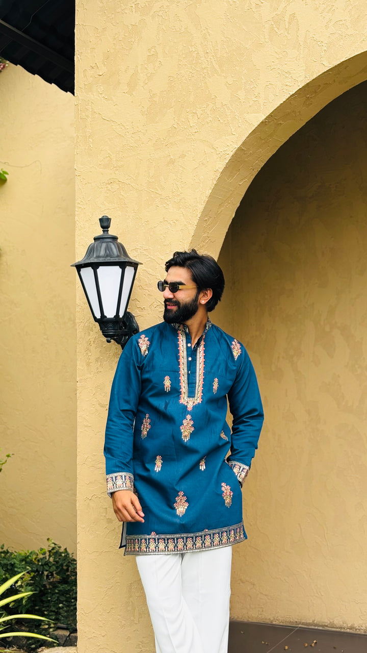 SUFI BLUE SHORT EMBROIDERED KURTA
